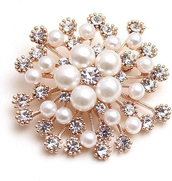 Weiy Glittering Imitation Pearl Crystal Snowflake Flower Design Brooch Pin Badge